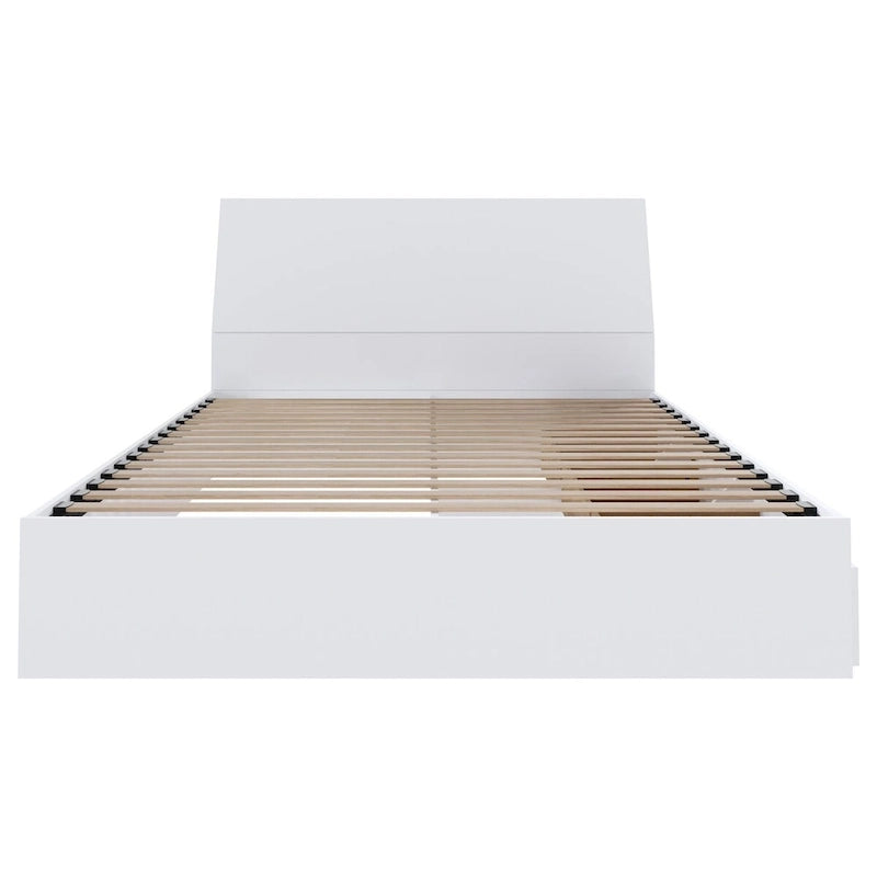 Letto a piattaforma contenitore bianco con testiera, 3 cassetti, design reversibile, doghe in metallo e legno, senza rete a molle