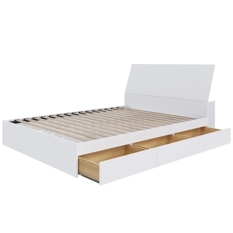 Letto a piattaforma contenitore bianco con testiera, 3 cassetti, design reversibile, doghe in metallo e legno, senza rete a molle