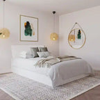 Letto a piattaforma contenitore bianco con testiera, 3 cassetti, design reversibile, doghe in metallo e legno, senza rete a molle