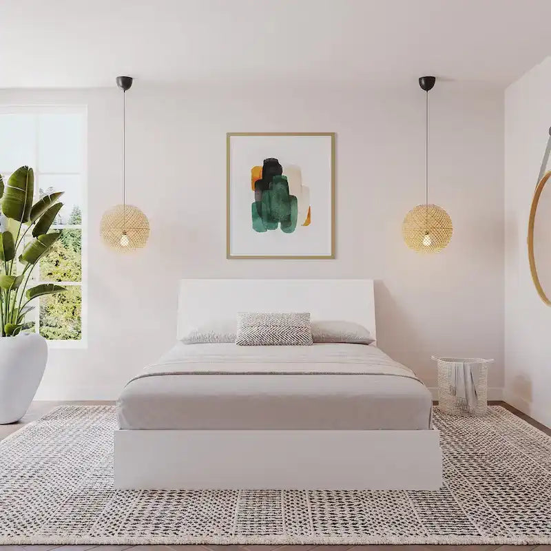 Letto a piattaforma contenitore bianco con testiera, 3 cassetti, design reversibile, doghe in metallo e legno, senza rete a molle