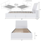 Letto a piattaforma contenitore bianco con testiera, 3 cassetti, design reversibile, doghe in metallo e legno, senza rete a molle