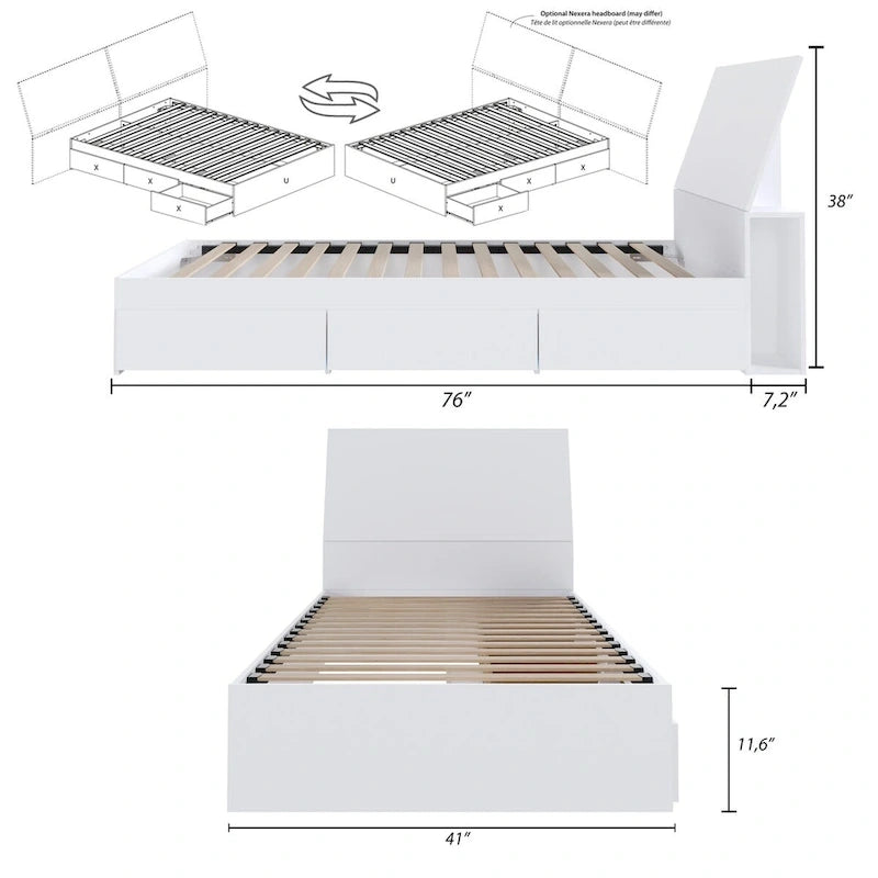 Letto a piattaforma contenitore bianco con testiera, 3 cassetti, design reversibile, doghe in metallo e legno, senza rete a molle