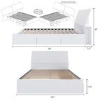 Letto a piattaforma contenitore bianco con testiera, 3 cassetti, design reversibile, doghe in metallo e legno, senza rete a molle