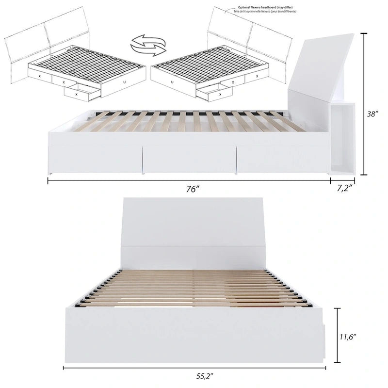 Letto a piattaforma contenitore bianco con testiera, 3 cassetti, design reversibile, doghe in metallo e legno, senza rete a molle