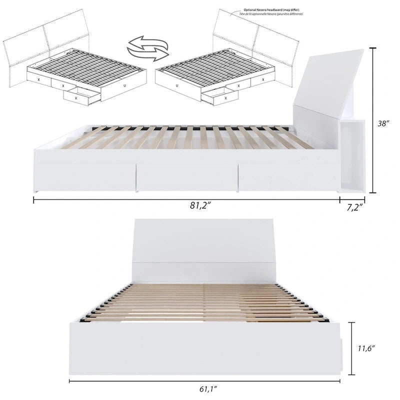 Letto a piattaforma contenitore bianco con testiera, 3 cassetti, design reversibile, doghe in metallo e legno, senza rete a molle