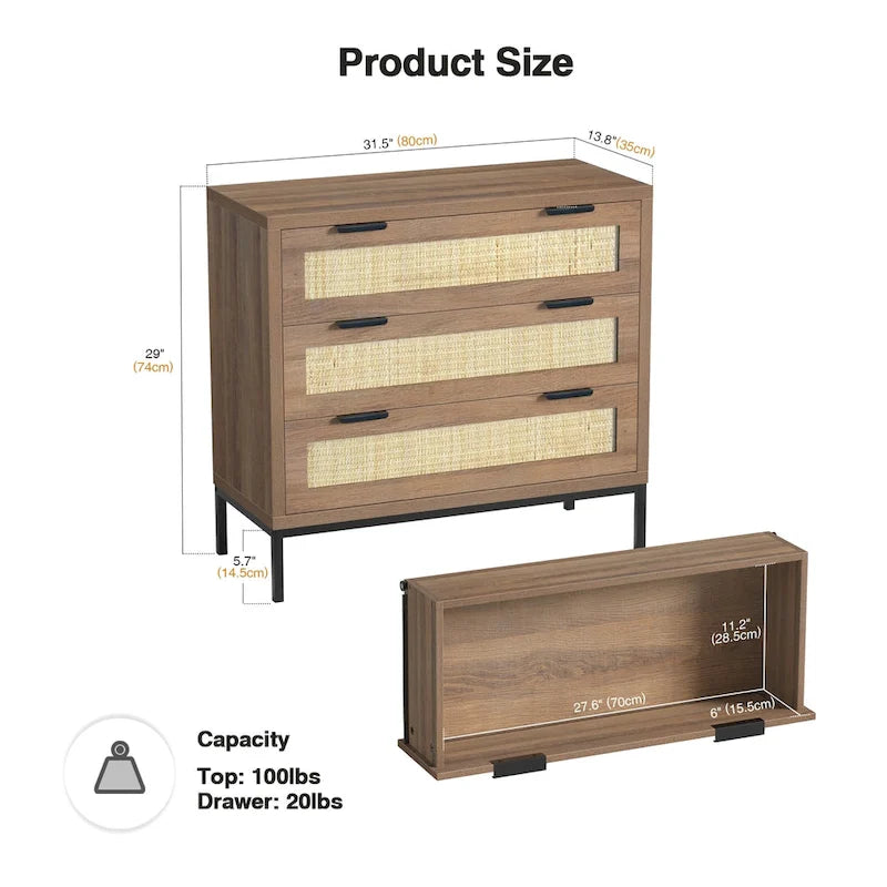 Comò moderno a 3 cassetti in rattan, cassettiera in legno marrone, mobile contenitore bohémien per camera da letto