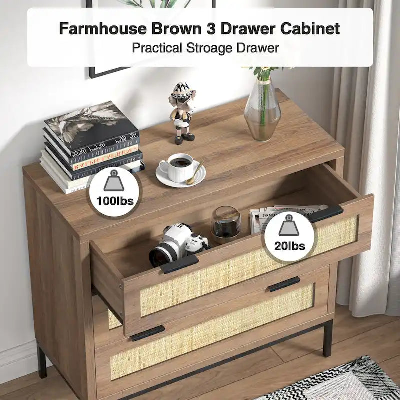 Comò moderno a 3 cassetti in rattan, cassettiera in legno marrone, mobile contenitore bohémien per camera da letto