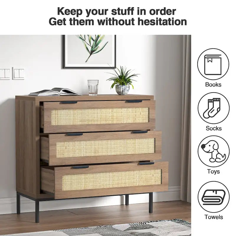 Comò moderno a 3 cassetti in rattan, cassettiera in legno marrone, mobile contenitore bohémien per camera da letto