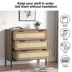 Comò moderno a 3 cassetti in rattan, cassettiera in legno marrone, mobile contenitore bohémien per camera da letto