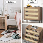 Comò moderno a 3 cassetti in rattan, cassettiera in legno marrone, mobile contenitore bohémien per camera da letto