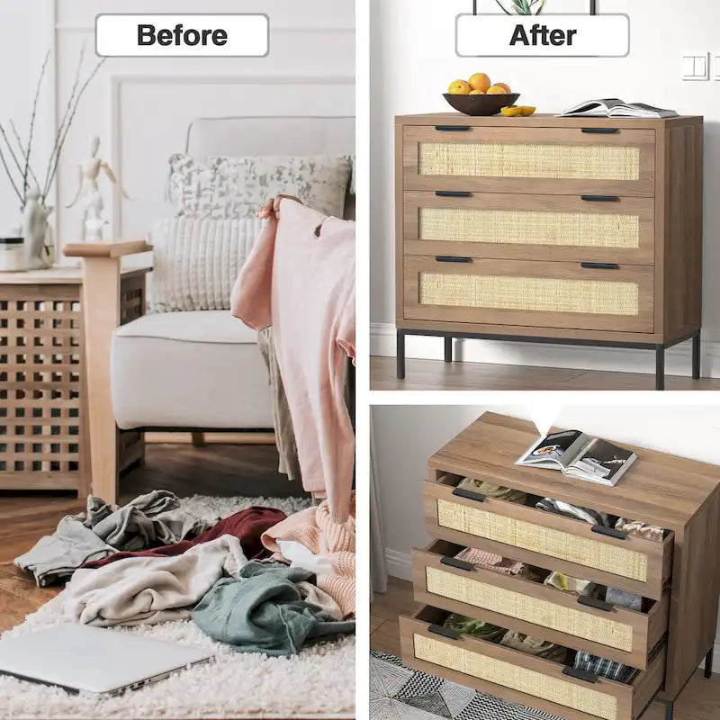 Comò moderno a 3 cassetti in rattan, cassettiera in legno marrone, mobile contenitore bohémien per camera da letto