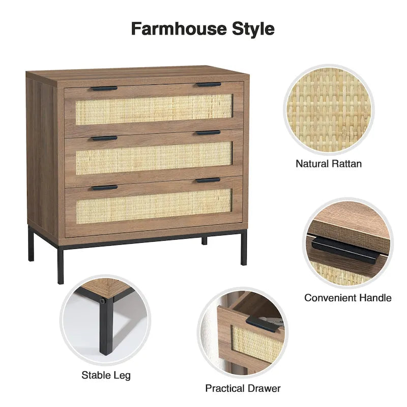 Comò moderno a 3 cassetti in rattan, cassettiera in legno marrone, mobile contenitore bohémien per camera da letto