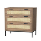Comò moderno a 3 cassetti in rattan, cassettiera in legno marrone, mobile contenitore bohémien per camera da letto