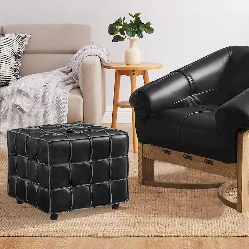 Pouf ottomano quadrato in pelle pieno fiore, poggiapiedi e seduta extra, accento moderno per soggiorno