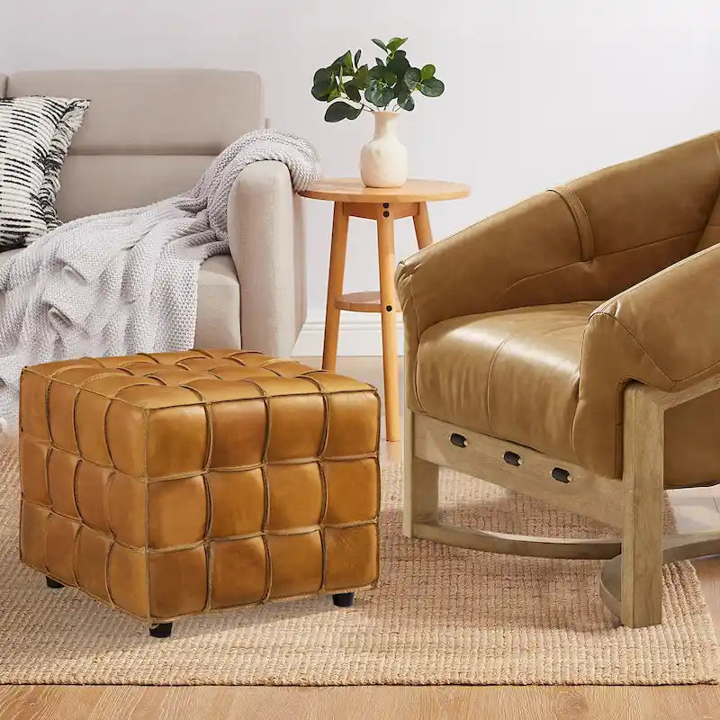 Pouf ottomano quadrato in pelle pieno fiore, poggiapiedi e seduta extra, accento moderno per soggiorno