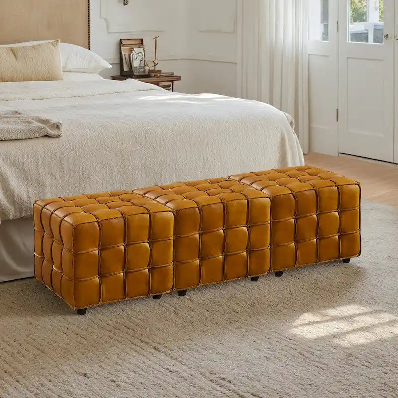 Pouf ottomano quadrato in pelle pieno fiore, poggiapiedi e seduta extra, accento moderno per soggiorno
