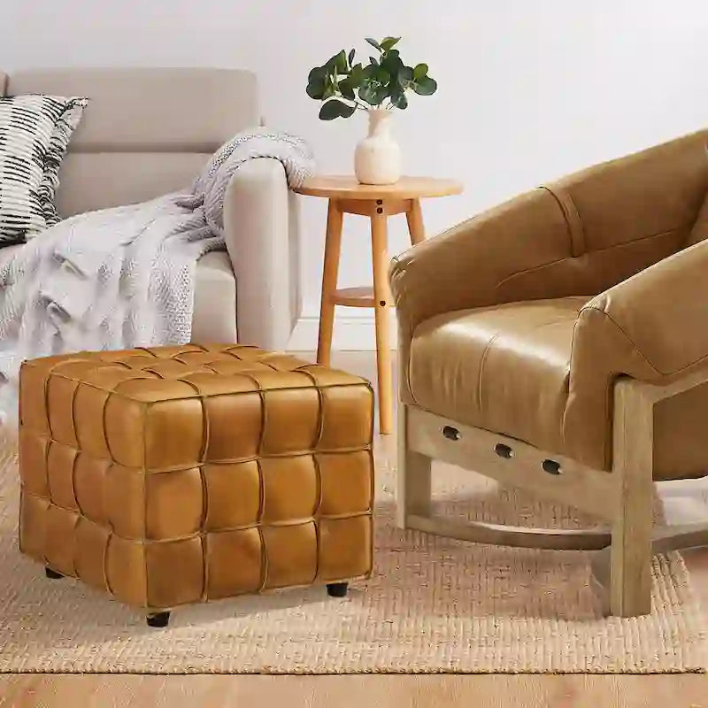 Pouf ottomano quadrato in pelle pieno fiore, poggiapiedi e seduta extra, accento moderno per soggiorno