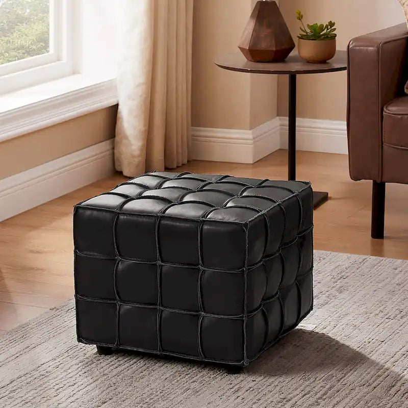 Pouf ottomano quadrato in pelle pieno fiore, poggiapiedi e seduta extra, accento moderno per soggiorno