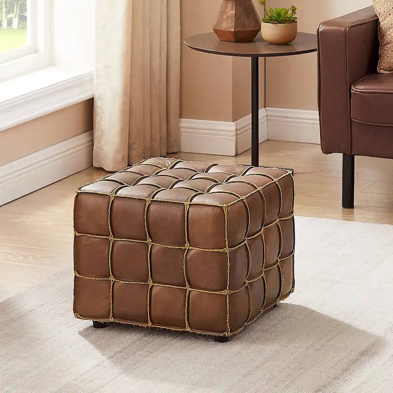 Pouf ottomano quadrato in pelle pieno fiore, poggiapiedi e seduta extra, accento moderno per soggiorno