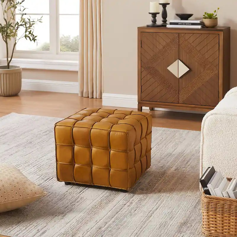Pouf ottomano quadrato in pelle pieno fiore, poggiapiedi e seduta extra, accento moderno per soggiorno