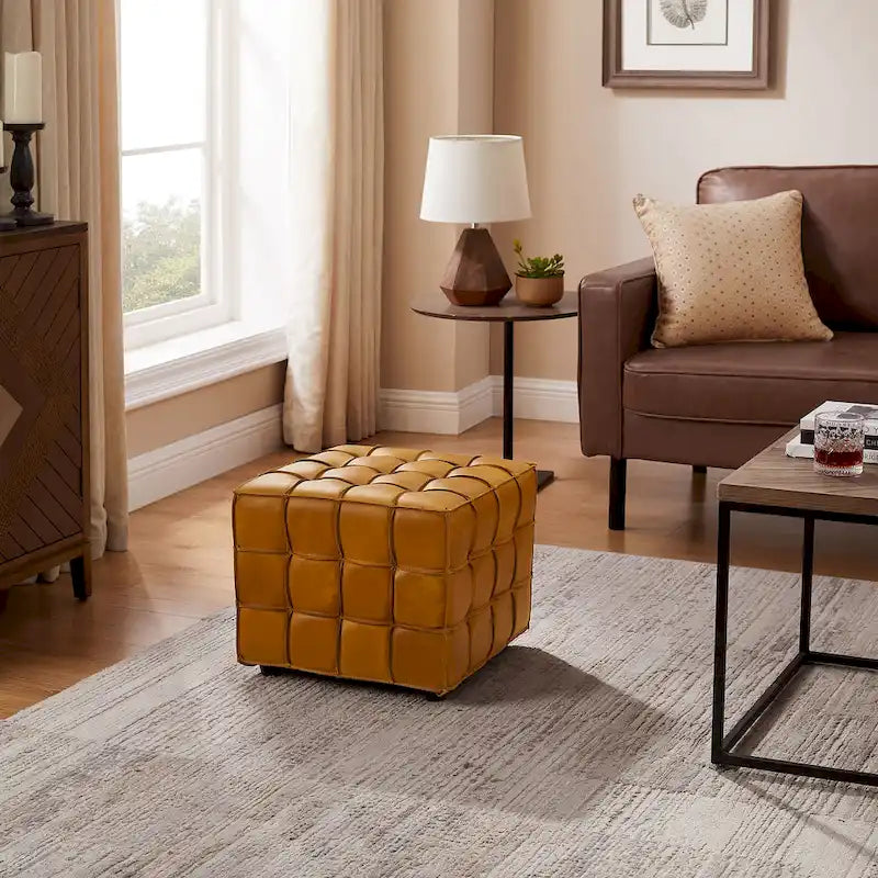Pouf ottomano quadrato in pelle pieno fiore, poggiapiedi e seduta extra, accento moderno per soggiorno