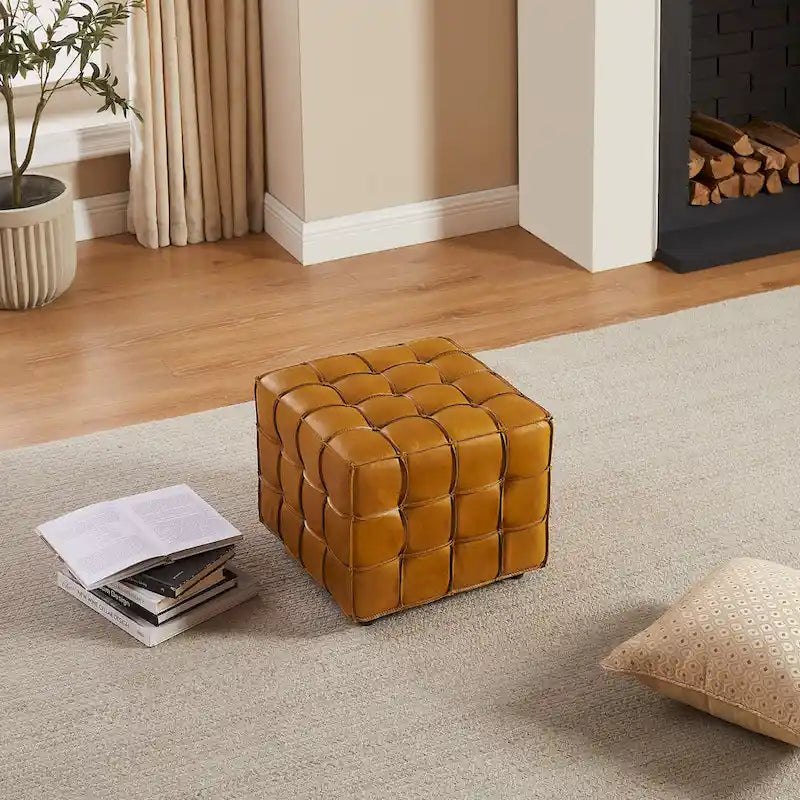 Pouf ottomano quadrato in pelle pieno fiore, poggiapiedi e seduta extra, accento moderno per soggiorno