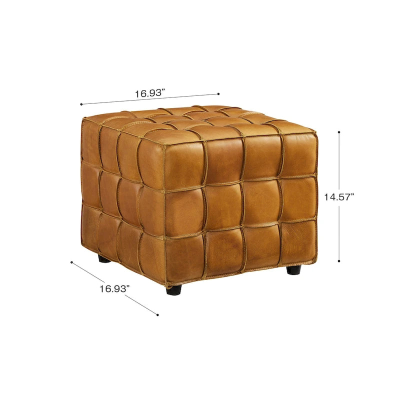 Pouf ottomano quadrato in pelle pieno fiore, poggiapiedi e seduta extra, accento moderno per soggiorno