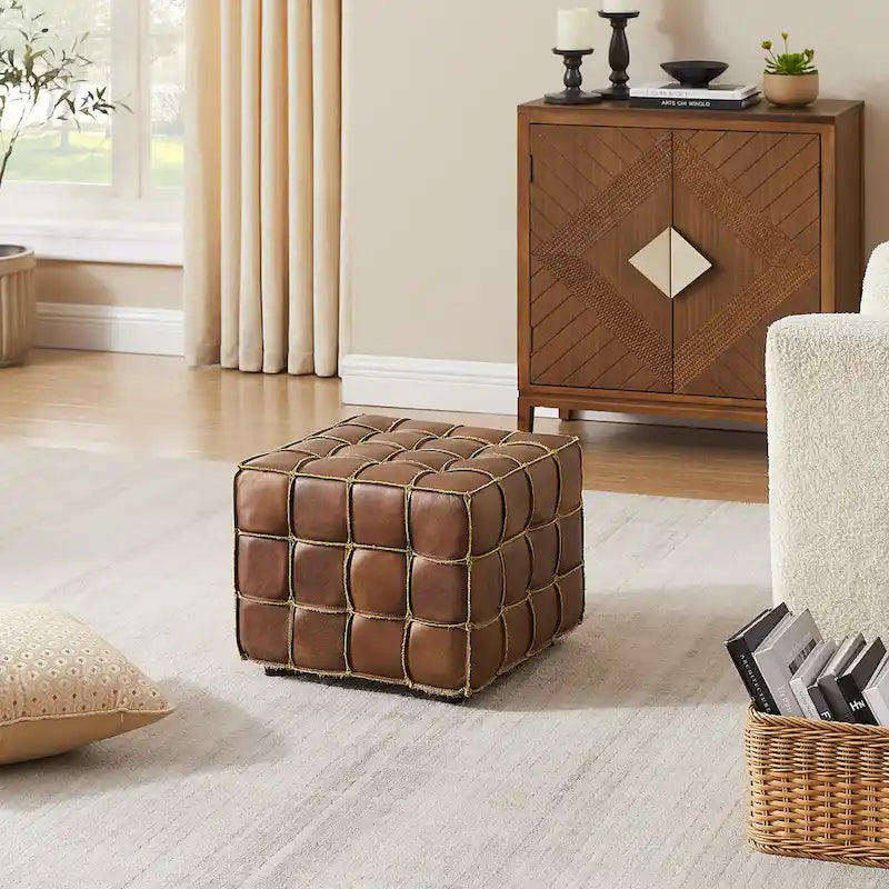 Pouf ottomano quadrato in pelle pieno fiore, poggiapiedi e seduta extra, accento moderno per soggiorno