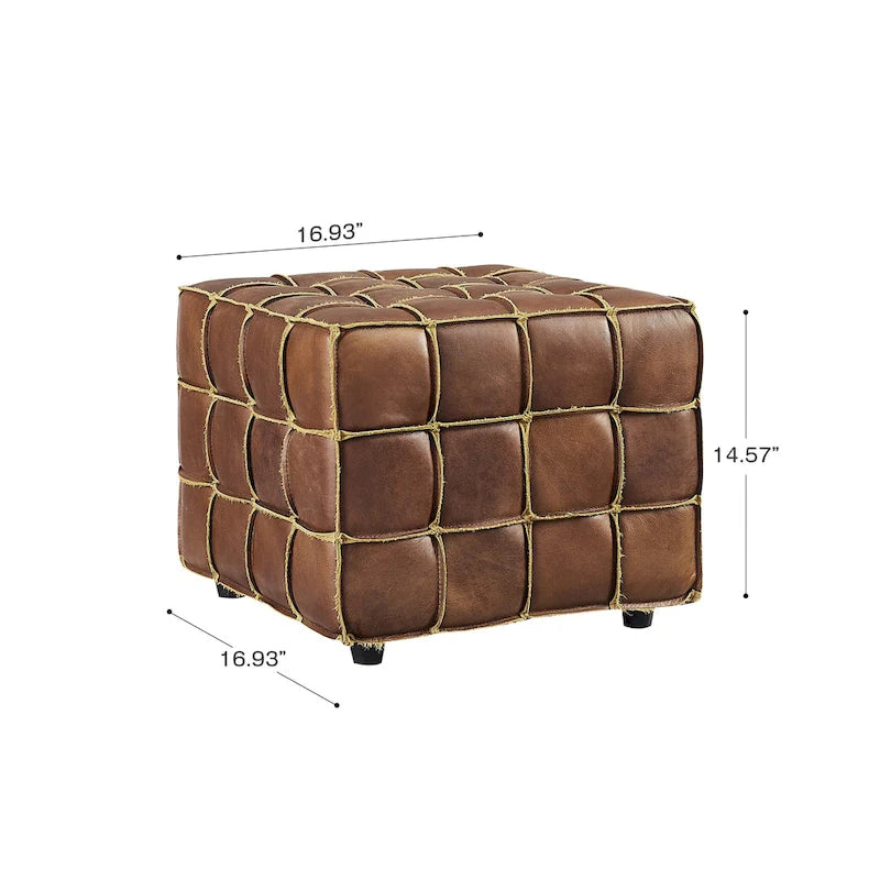 Pouf ottomano quadrato in pelle pieno fiore, poggiapiedi e seduta extra, accento moderno per soggiorno