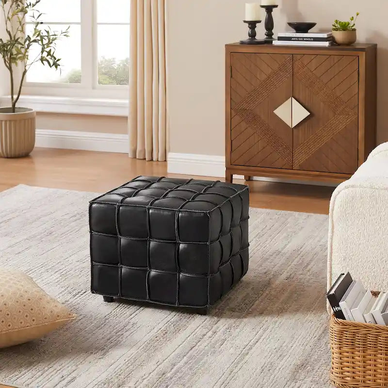 Pouf ottomano quadrato in pelle pieno fiore, poggiapiedi e seduta extra, accento moderno per soggiorno