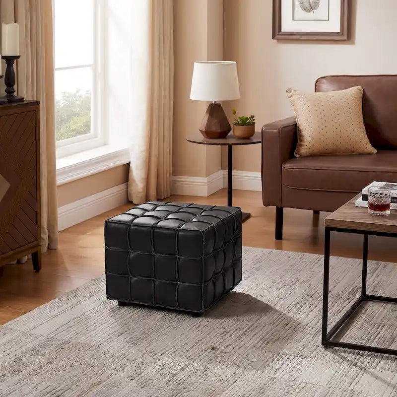 Pouf ottomano quadrato in pelle pieno fiore, poggiapiedi e seduta extra, accento moderno per soggiorno
