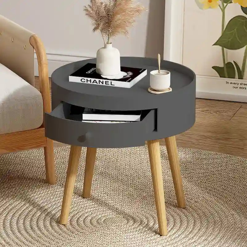 Tavolino Moderno con Cassetto, Tavolino da Comodino, Tavolino da Divano, Gambe in Rovere, Adatto per Soggiorno e Camera da Letto, Grigio