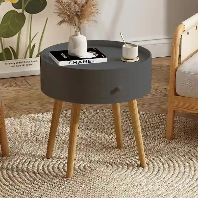 Tavolino Moderno con Cassetto, Tavolino da Comodino, Tavolino da Divano, Gambe in Rovere, Adatto per Soggiorno e Camera da Letto, Grigio