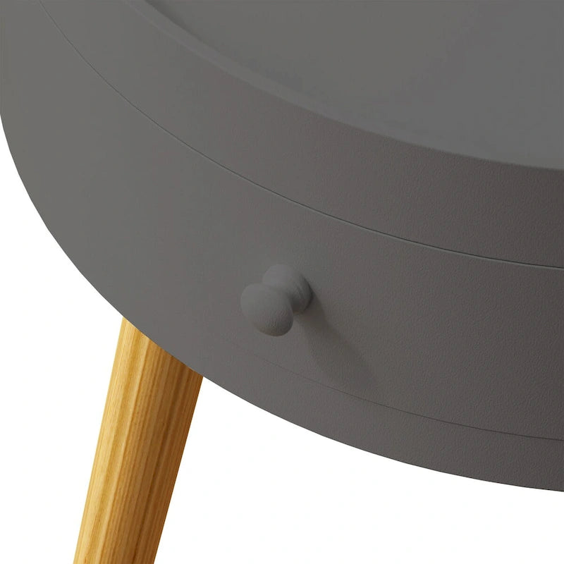 Tavolino Moderno con Cassetto, Tavolino da Comodino, Tavolino da Divano, Gambe in Rovere, Adatto per Soggiorno e Camera da Letto, Grigio