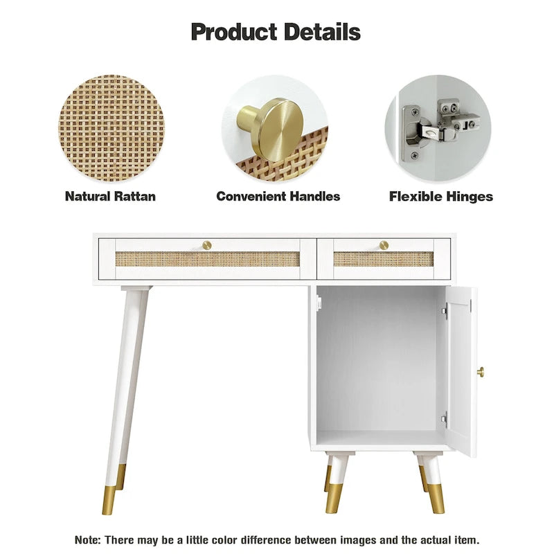 Scrivania per computer con 2 cassetti, scrivania moderna in rattan per ufficio con classificatore