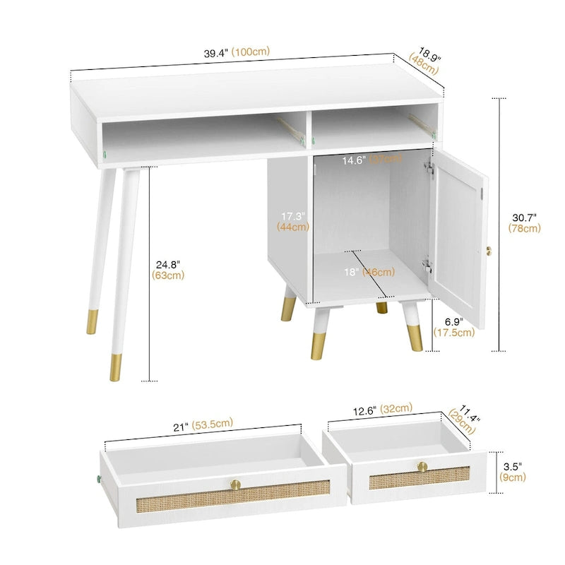 Scrivania per computer con 2 cassetti, scrivania moderna in rattan per ufficio con classificatore