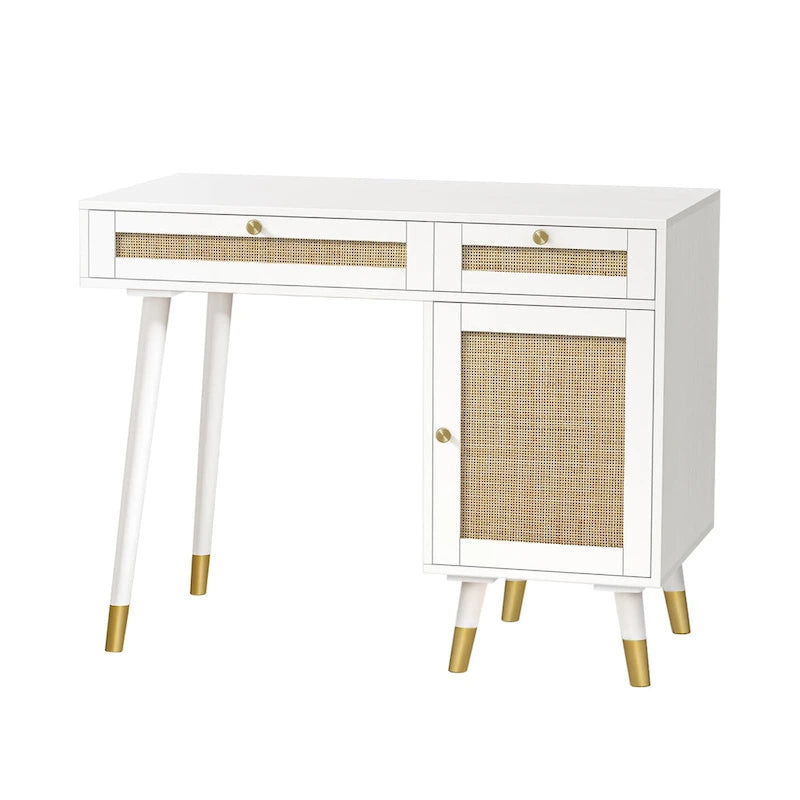 Scrivania per computer con 2 cassetti, scrivania moderna in rattan per ufficio con classificatore