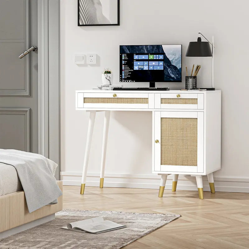 Scrivania per computer con 2 cassetti, scrivania moderna in rattan per ufficio con classificatore