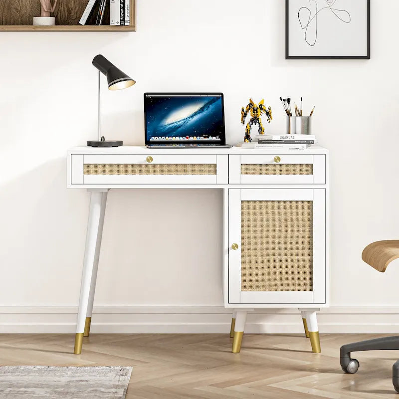 Scrivania per computer con 2 cassetti, scrivania moderna in rattan per ufficio con classificatore