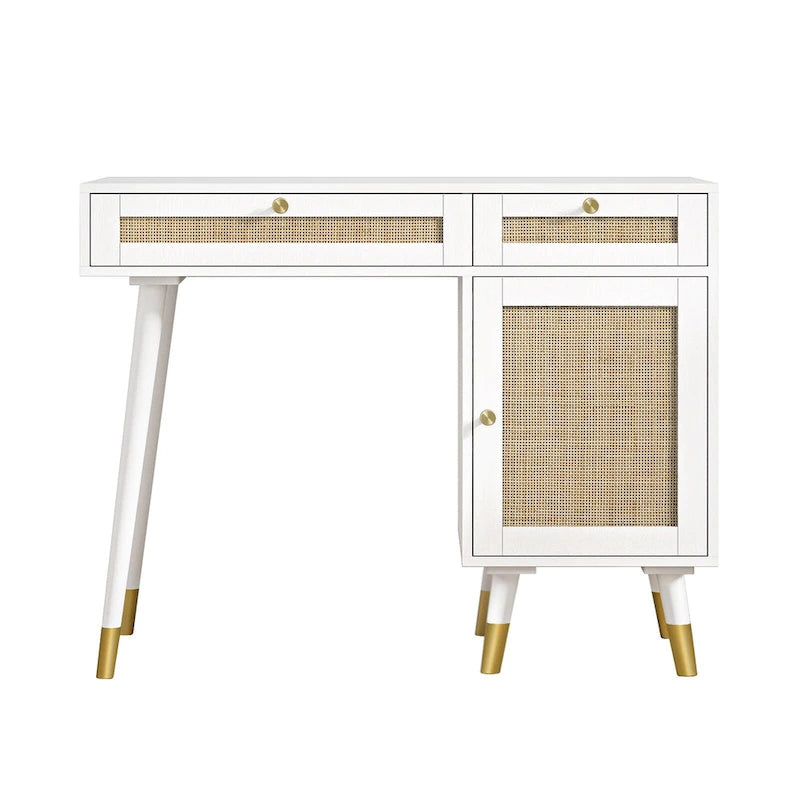 Scrivania per computer con 2 cassetti, scrivania moderna in rattan per ufficio con classificatore