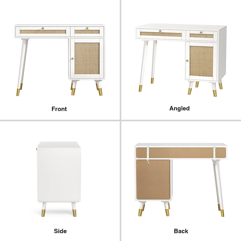 Scrivania per computer con 2 cassetti, scrivania moderna in rattan per ufficio con classificatore