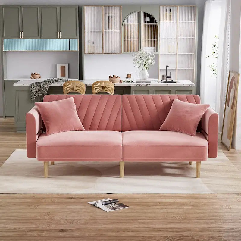 Divano Letto Futon Convertibile, Rivestimento Trapuntato con Bottoni, Bracciolo Pieghevole, Divano Letto per Piccoli Spazi