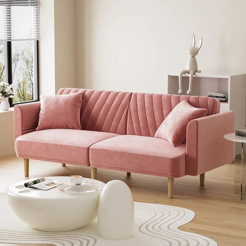 Divano Letto Futon Convertibile, Rivestimento Trapuntato con Bottoni, Bracciolo Pieghevole, Divano Letto per Piccoli Spazi
