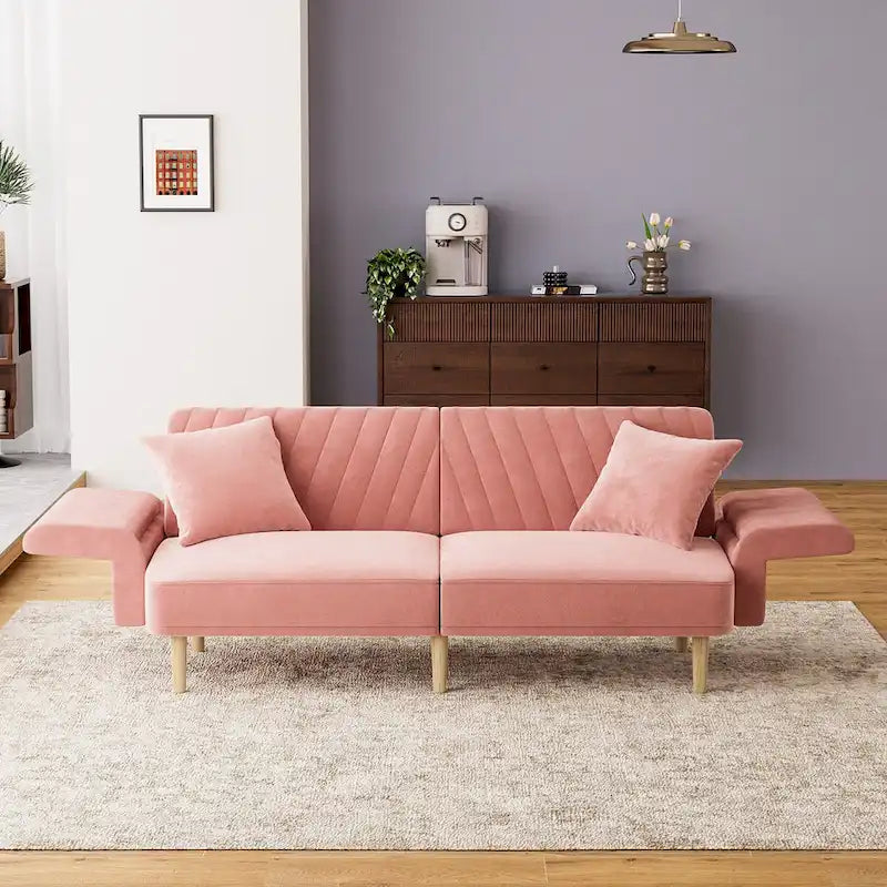 Divano Letto Futon Convertibile, Rivestimento Trapuntato con Bottoni, Bracciolo Pieghevole, Divano Letto per Piccoli Spazi