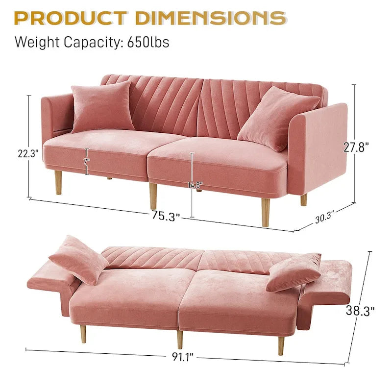 Divano Letto Futon Convertibile, Rivestimento Trapuntato con Bottoni, Bracciolo Pieghevole, Divano Letto per Piccoli Spazi