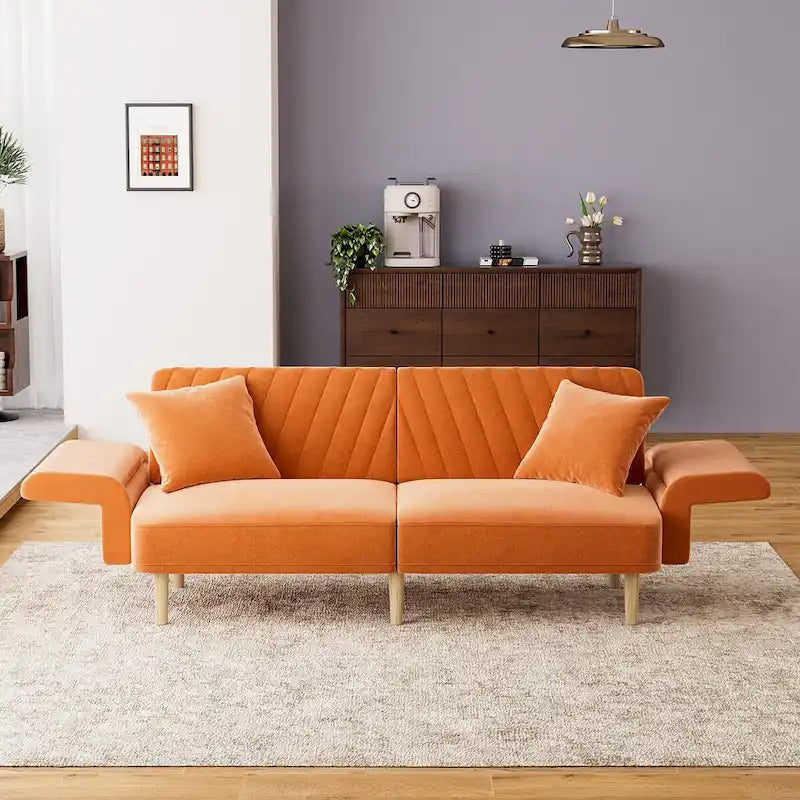 Divano Letto Futon Convertibile, Rivestimento Trapuntato con Bottoni, Bracciolo Pieghevole, Divano Letto per Piccoli Spazi