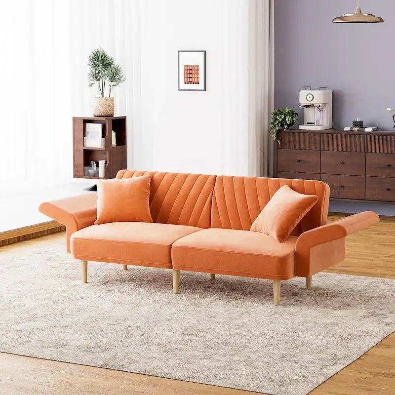 Divano Letto Futon Convertibile, Rivestimento Trapuntato con Bottoni, Bracciolo Pieghevole, Divano Letto per Piccoli Spazi