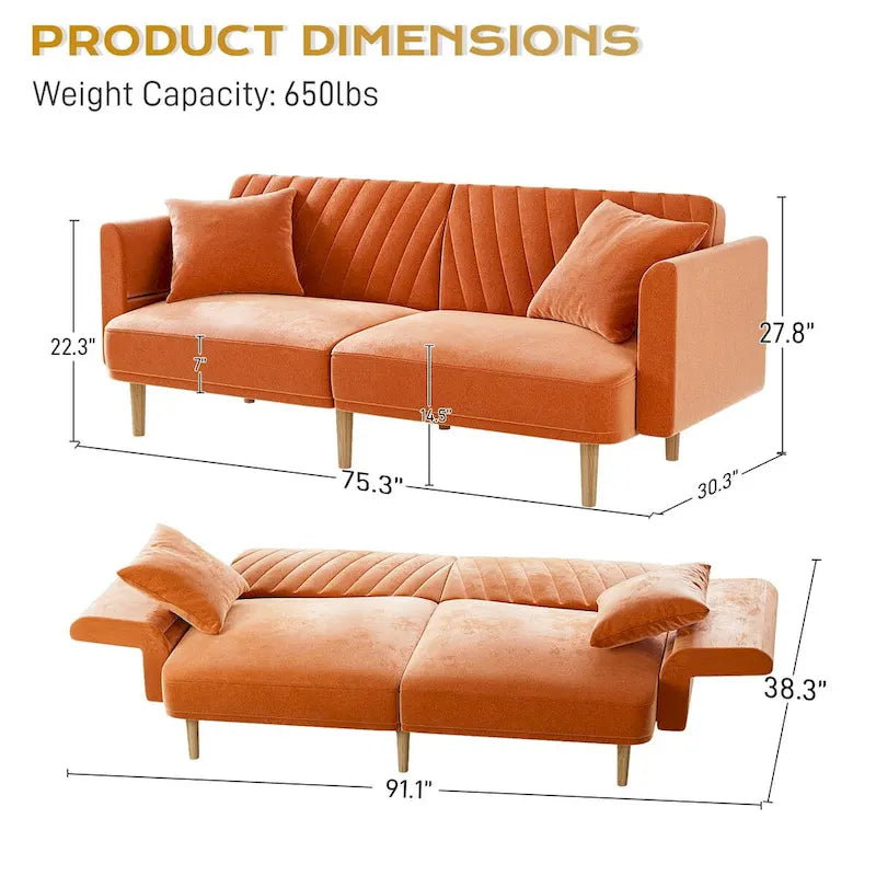 Divano Letto Futon Convertibile, Rivestimento Trapuntato con Bottoni, Bracciolo Pieghevole, Divano Letto per Piccoli Spazi