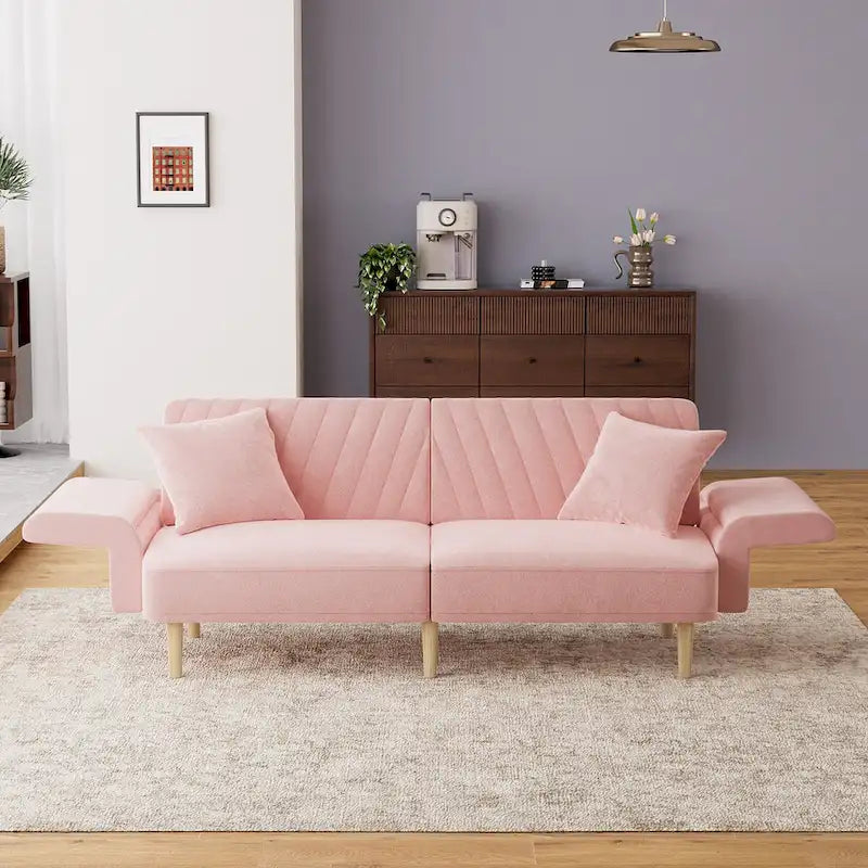Divano Letto Futon Convertibile, Rivestimento Trapuntato con Bottoni, Bracciolo Pieghevole, Divano Letto per Piccoli Spazi