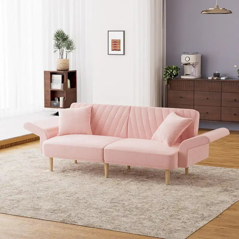 Divano Letto Futon Convertibile, Rivestimento Trapuntato con Bottoni, Bracciolo Pieghevole, Divano Letto per Piccoli Spazi